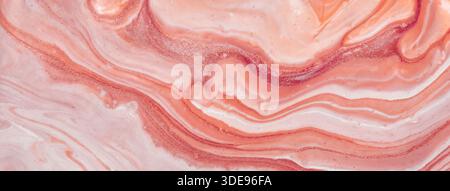 Abstract fluid art background with light peach and pink marble texture. Liquid rose acrylic painting backdrop. Stock Photo