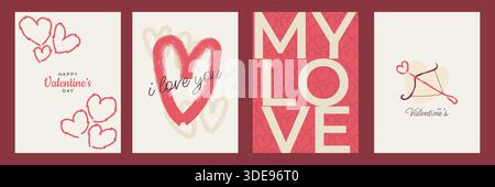 Valentine's Day Card or Poster Set with Hand Drawn Hearts, Arrows, and Love Patterns Stock Vector