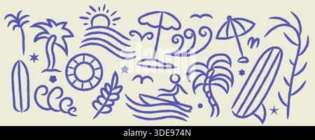 Hand Drawn Doodle Elements with Surfboard, Palm Trees, Surfer, Umbrella, Swim Ring, Sun, and Plants. Suitable for T-Shirt Design, Poster, and More Stock Vector