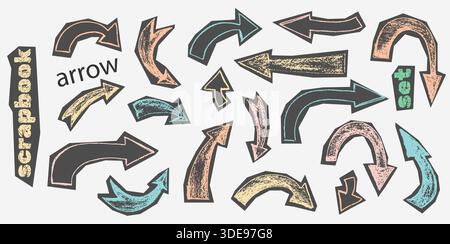 Hand-drawn arrow set with bold crayon strokes and thick doodle lines. Colorful scrapbook elements with textured grunge backgrounds and playful arrow Stock Vector