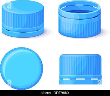 Plastic bottle caps. Water bottle cap screw lid top side turn view, mineral soda drink container cover beverage storage liquid stopper mockup cartoon icons neat vector illustration original artwork Stock Vector