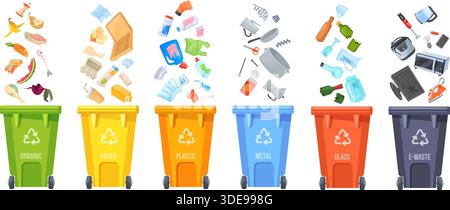 Waste segregation. Trash sorting, selective collect garbage separating recycling rubbish classification plastic bins containers glass bottle paper organic, neat vector illustration original artwork Stock Vector