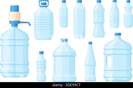 Plastic water containers. Empty bottles, drink beverage storage gallon small big volume mineral bottle shape container with pump tap plastic pack, cartoon neat vector illustration original artwork Stock Vector