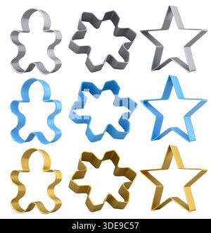 Set of metal cookie cutters for homemade Christmas biscuit on a white background. 3d render of making gingerbread cookies in the kitchen. Stock Photo