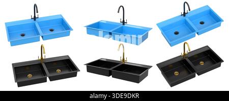 Set of kitchen sink with water tap on white background. 3d render of kitchen furniture and worktop for preparing food Stock Photo
