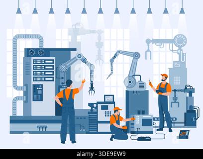 Technicians performing diagnostics and maintenance on industrial machinery. Concept of industrial maintenance, automation and technical support. Stock Vector