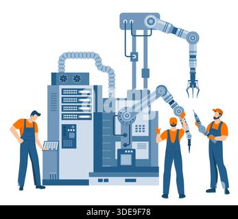 Industrial technicians service robots manipulator in a factory. Concept of industrial maintenance, automation and technical support. Stock Vector