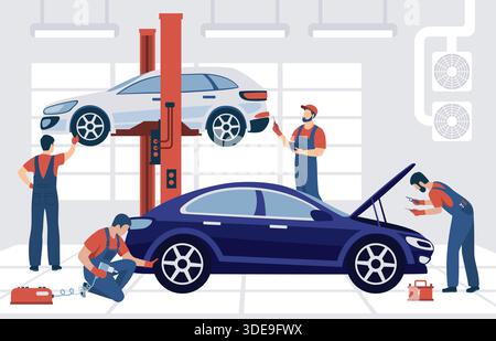 Car repair workshop. Auto service interior with mechanic workers, lifted car and equipment. Automobile maintenance center flat vector scene. Stock Vector