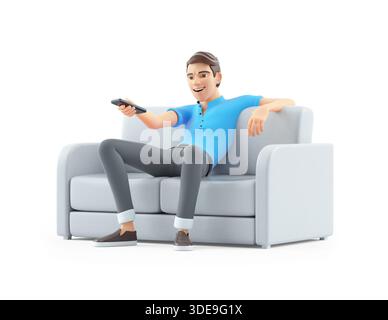 3d man sitting in sofa and zapping, illustration isolated on white background Stock Photo