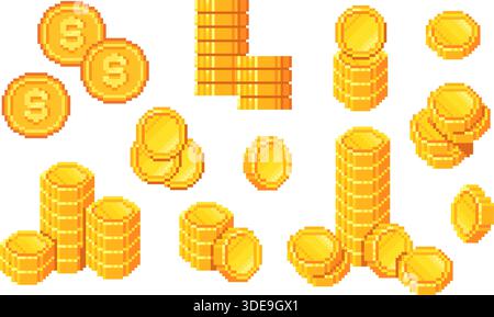 Pixel coins. Gold coin 8 bit retro arcade game art, medieval money cash stack golden treasure cartoon ui icons mobile finance app bank savings investment, neat vector illustration original artwork Stock Vector