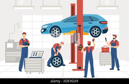 Auto service and repair. Auto mechanics checking and fixing vehicle. Automobile maintenance at workshop. Stock Vector