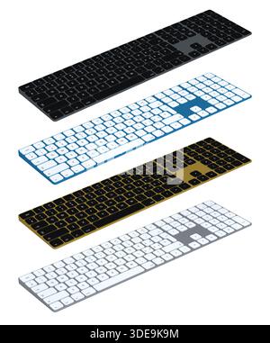 Set of wireless keyboards in different color schemes, shown in isometric style isolated on white background Stock Photo