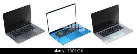 Set of laptops with blank white screens, displayed in angled views ...