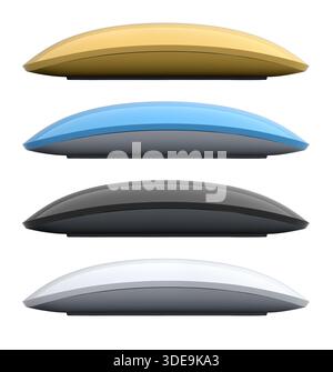 Set of wireless computer mice in various colors side by side isolated on white background, tech design concept Stock Photo