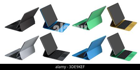 Multiple black-framed digital tablets stacked with colorful sheets, isolated on white background Stock Photo