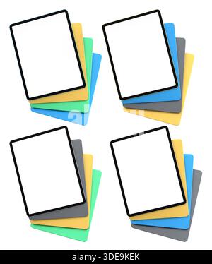 Multiple black-framed digital tablets stacked with colorful sheets, isolated on white background Stock Photo