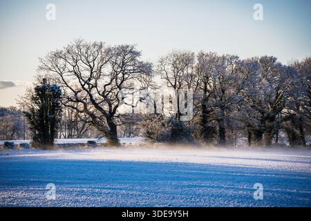A cold haze rising from snow covered fieds in Chehire as winter bites. Stock Photo