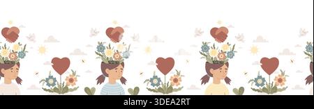 Mental Health Seamless Border. Concept Girl Head with Blooming Flowers, Heart Handshake and White Dove Birds. Horizontal Flat Vector Illustration. Kid Stock Vector