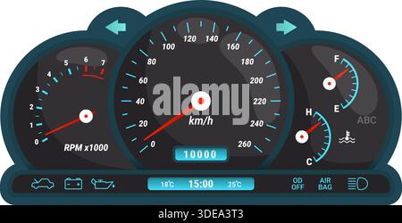 Car dashboard. Digital speedometer, odometer tachometer dash board lcd panel ui fuel oil gauge speed race indicator modern automobile console display kicky vector illustration original artwork Stock Vector