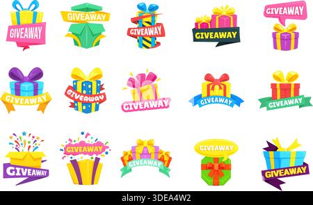 Cartoon giveaway boxes. Give away win prize, mystery gift box contest winner logo poster raffle banner competition reward surprise promotion design, set kicky vector illustration original artwork Stock Vector
