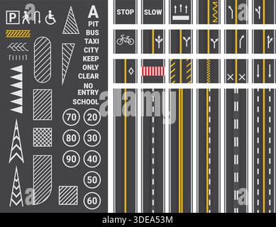 Road marking. Asphalt surface marks top view, city traffic street road markings highway lanes strip line crosswalk bus stop sign cartoon roadway mark kit kicky vector illustration original artwork Stock Vector