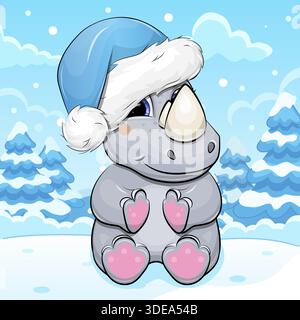 Cute cartoon Rhino with hat in winter. Vector Illustration of Animal in nature on a blue background with snow Stock Vector
