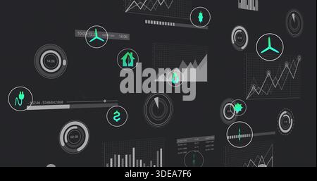Displaying floating data dashboard occupying center on dark field, with line charts and gauges Stock Photo