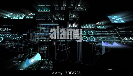 Glowing holographic financial dashboard floating in virtual 3D void, with translucent HUD panels Stock Photo