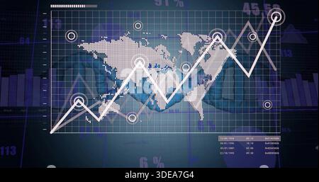 Displaying dotted world map with zigzag chart, circular markers on dashboard, suits shaking hands Stock Photo