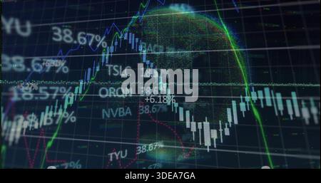Displaying candlestick chart with pixelated data globe on trading display, showing floating tickers Stock Photo