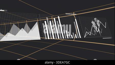 Showing tri-panel dashboard floating in dark 3D space, with area, bar, line and orange guide lines Stock Photo