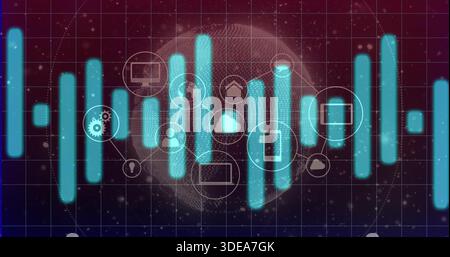 Animating central cyan or teal bars and circular tech nodes on virtual dashboard, with globe grid do Stock Photo