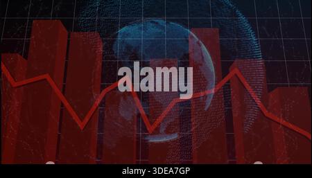 Displaying clear red 3D bars with jagged red line across digital dashboard and dotted blue globe Stock Photo