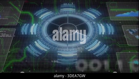 Displaying central holographic HUD over dark grid plane, showing data panels and neon-green traces Stock Photo