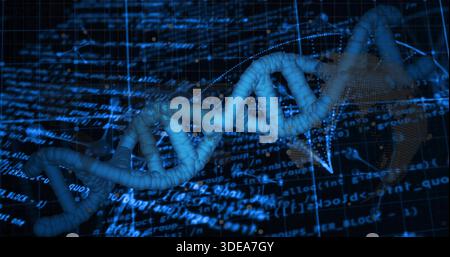 Rotating 3D DNA helix displaying segmented mesh in virtual analytics dashboard with code overlays Stock Photo