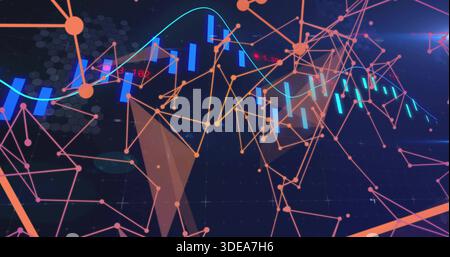 Showing abstract network graph floating in virtual panel, with cyan bars, orange and pink nodes Stock Photo
