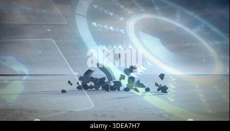Displaying central dark rock cluster sitting on salt flat, with faint HUD overlays and partial ring Stock Photo
