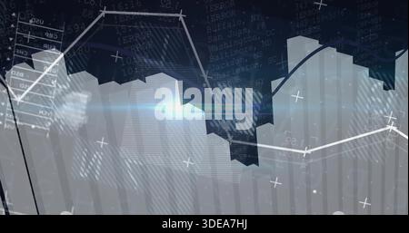 Displaying data visualization animating on virtual dashboard, with 3D bars, line graphs, markers Stock Photo