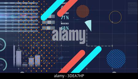 Displaying analytics dashboard on navy grid, showing tabular panel, gauges, 71% and 68% readouts Stock Photo