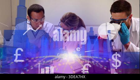 Leaning lab tech in lab coats, blue gloves, guiding at bench, using scope, showing currency overlay Stock Photo