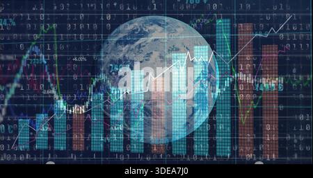 Rotating translucent Earth globe overlapping data screen, showing teal and rust bars, binary code Stock Photo