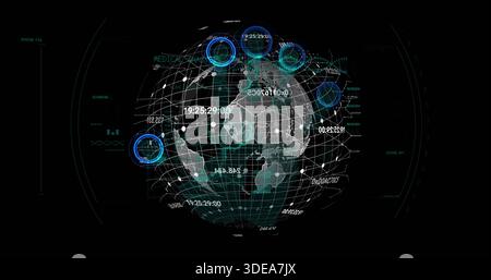 Displaying 3D hologram globe projecting mesh grid and network links in HUD with timestamps Stock Photo