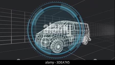 Rendering wireframe SUV model rotating in virtual CAD workspace with HUD rings overlaying grid Stock Photo
