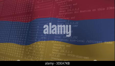 Displaying translucent Armenian tricolor flag overlaying terminal text, hex dump and IP logs Stock Photo