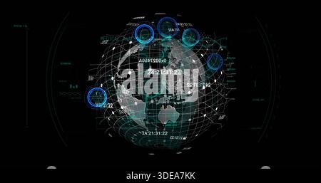 Displaying 3D globe rotating on dark HUD showing wireframe, network nodes, cyan markers, timestamps Stock Photo