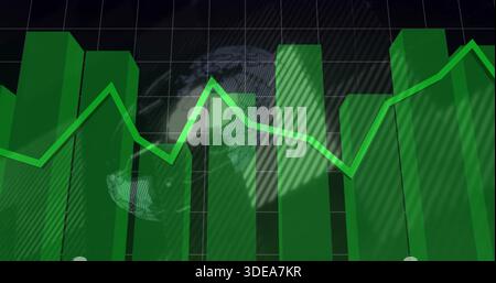 Displaying green 3D bar chart centered on digital dashboard, showing neon-green line, grid, globe Stock Photo