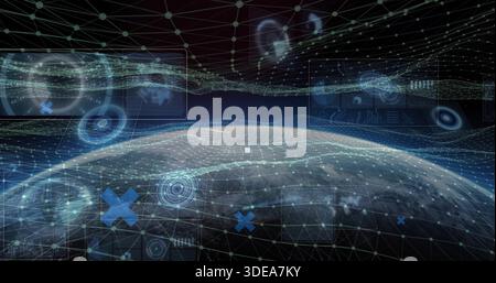 Rotating Earth-like globe showing wireframe mesh in cyberspace, HUD overlays, radar, pulsing nodes Stock Photo