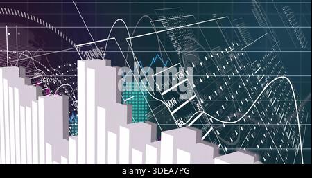 Showing 3D bar chart cluster left-of-center on dashboard, displaying line graphs, map, copy space Stock Photo