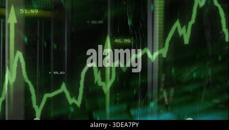 Displaying centered green finance line chart overlay in data center racks, showing arrows, numbers Stock Photo