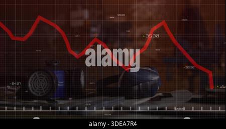 Displaying red falling line chart crossing stethoscope blue vial syringe on tabletop with tray grid Stock Photo